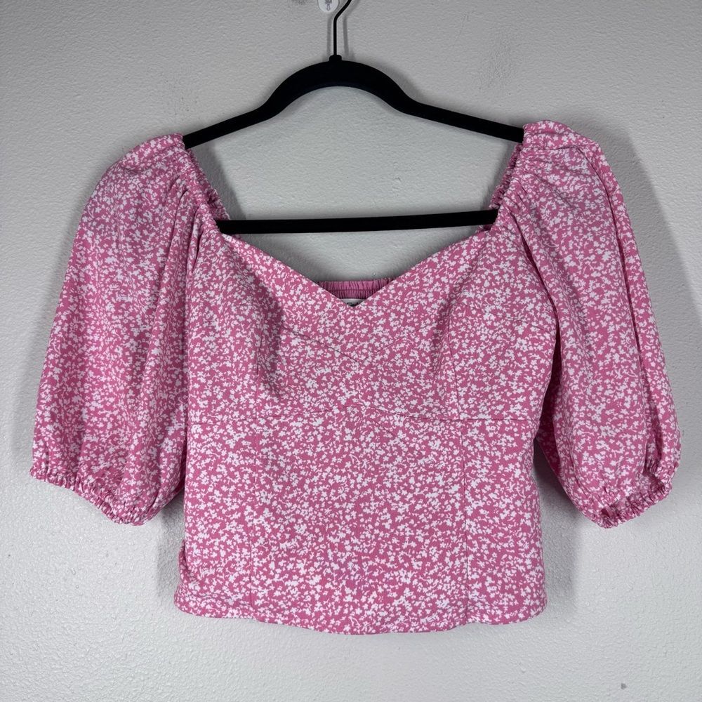 Abercrombie & Fitch Pink Blouse White Ditzy Floral Coquette Puff Sleeve Smock XS